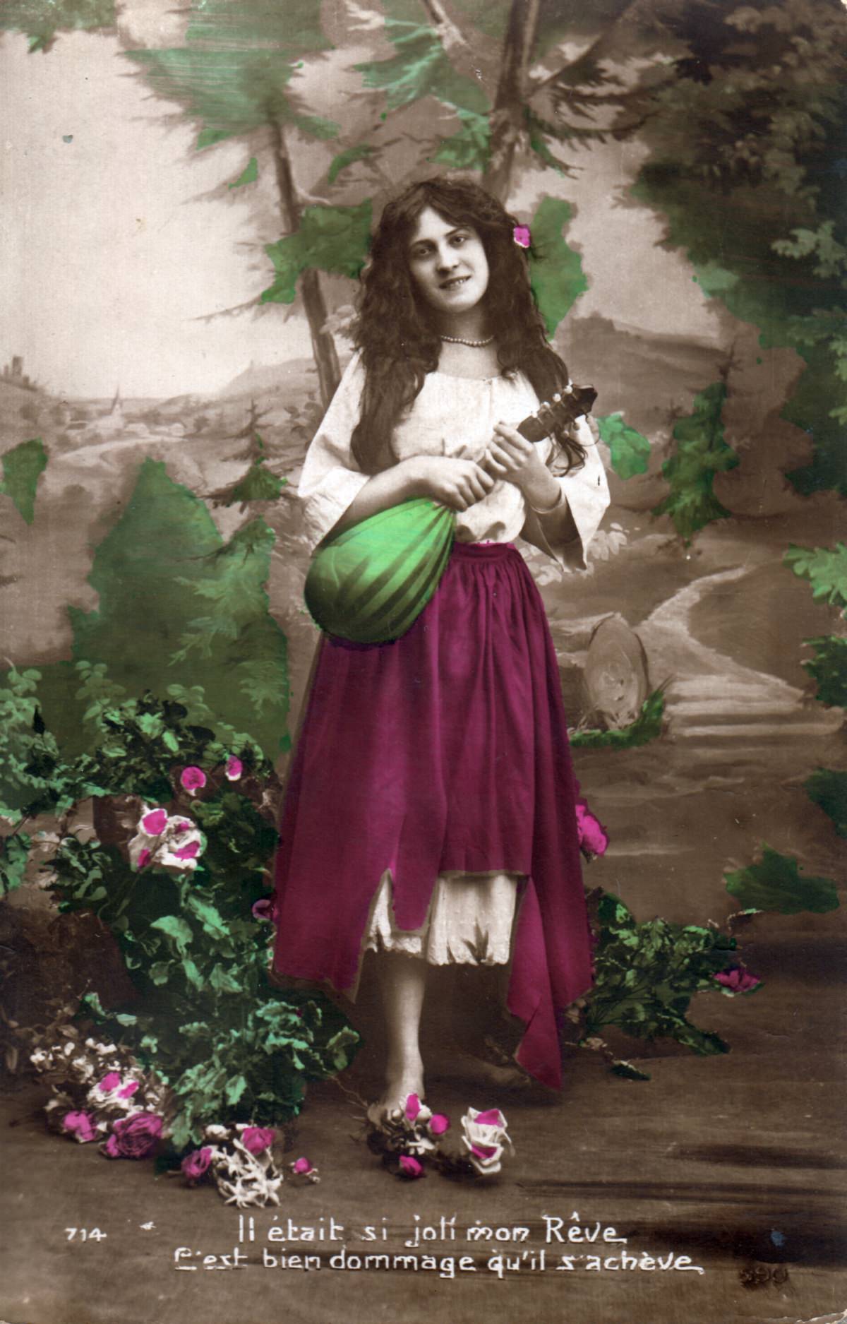 Postkarte Frau mit Mandoline