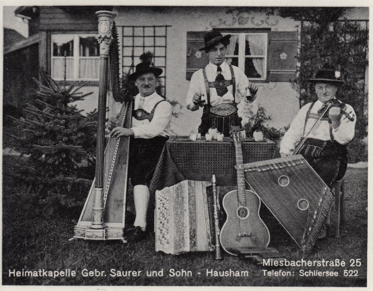 Postkarte Heimatkapelle Harfe Gitarre Zither Violine Akkordeon