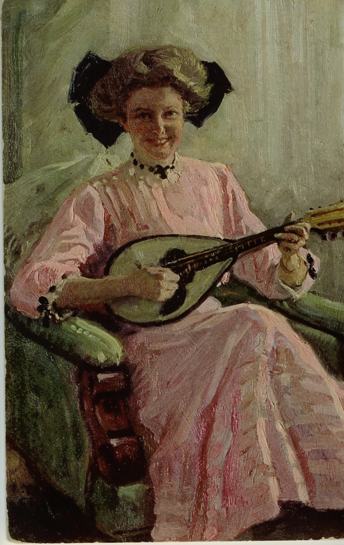 Alte Postkarte Kunst Gemälde Frau mit Mandoline rosa Kleid